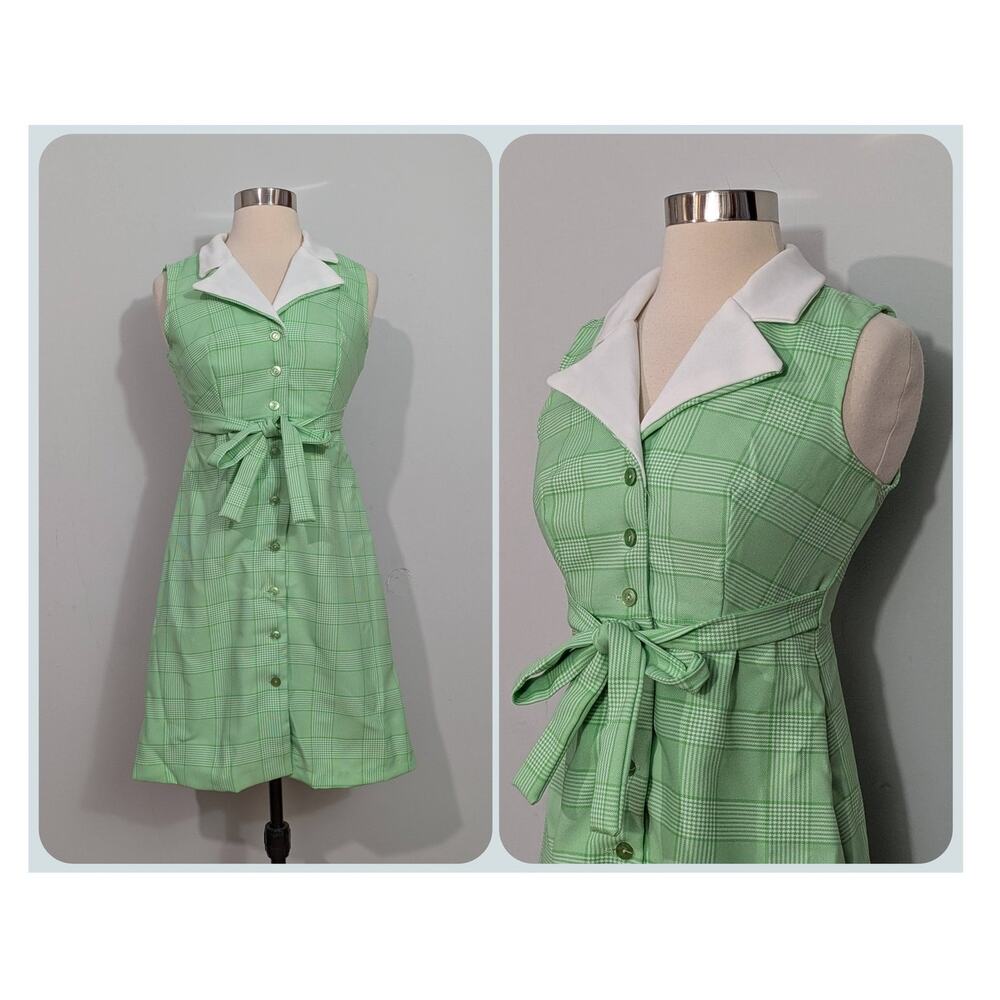 Plaid Spring Green 70s Button Up Dress